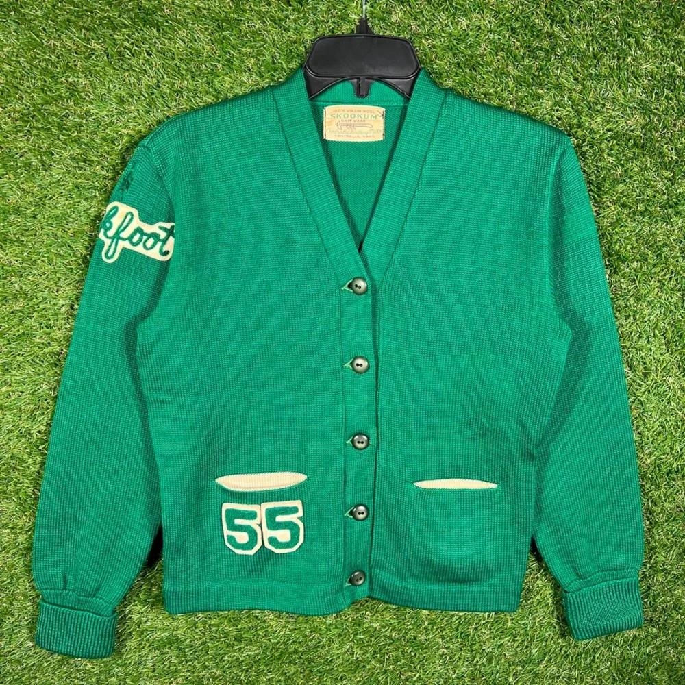 VTG Skookum Centralia Knitting Mills Green‎ Wool Varsity Cardigan Sweater S 60's